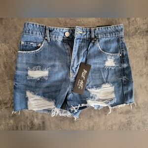 Blue Age Women’s Junior’s Distressed High Rise Medium Wash Denim Blue Jean Short